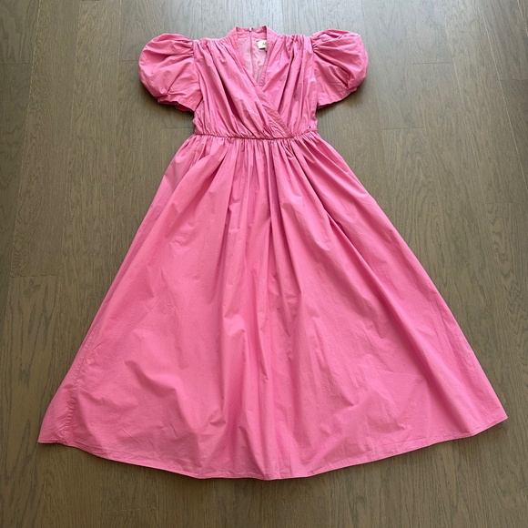 ARIAS Pink Poplin Gathered Shoulder Midi Puff Sleeve Dress - Size 0 - Picture 2 of 11